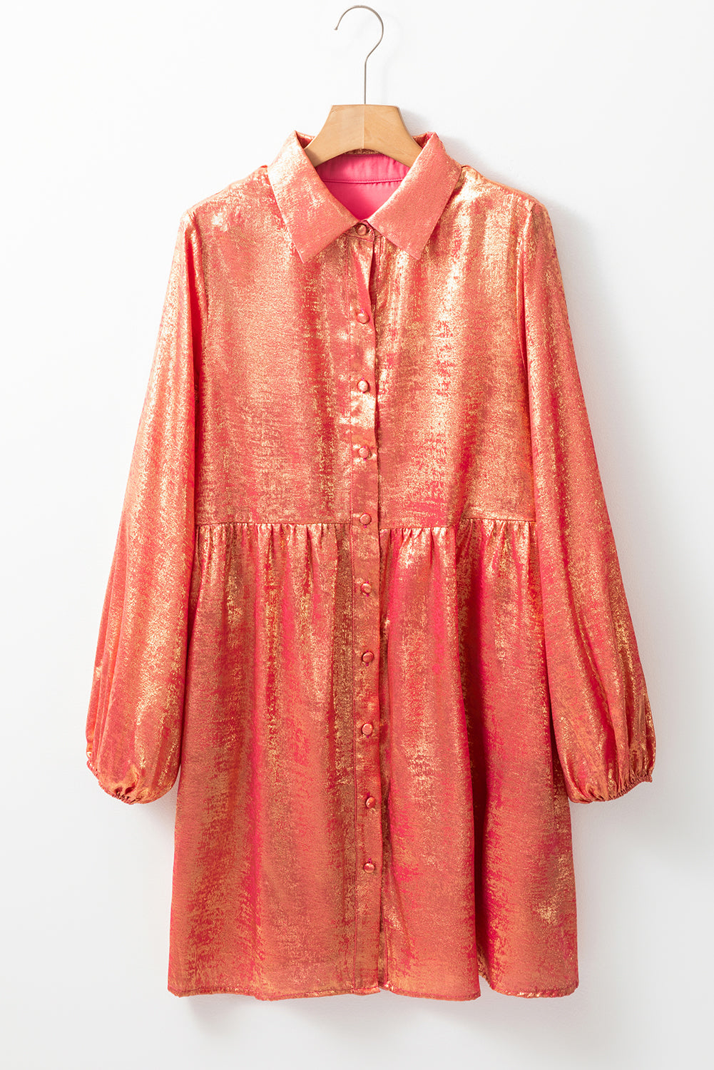 Apricot Metallic Sheen Puff Sleeve Button Up Mini Shirt Dress