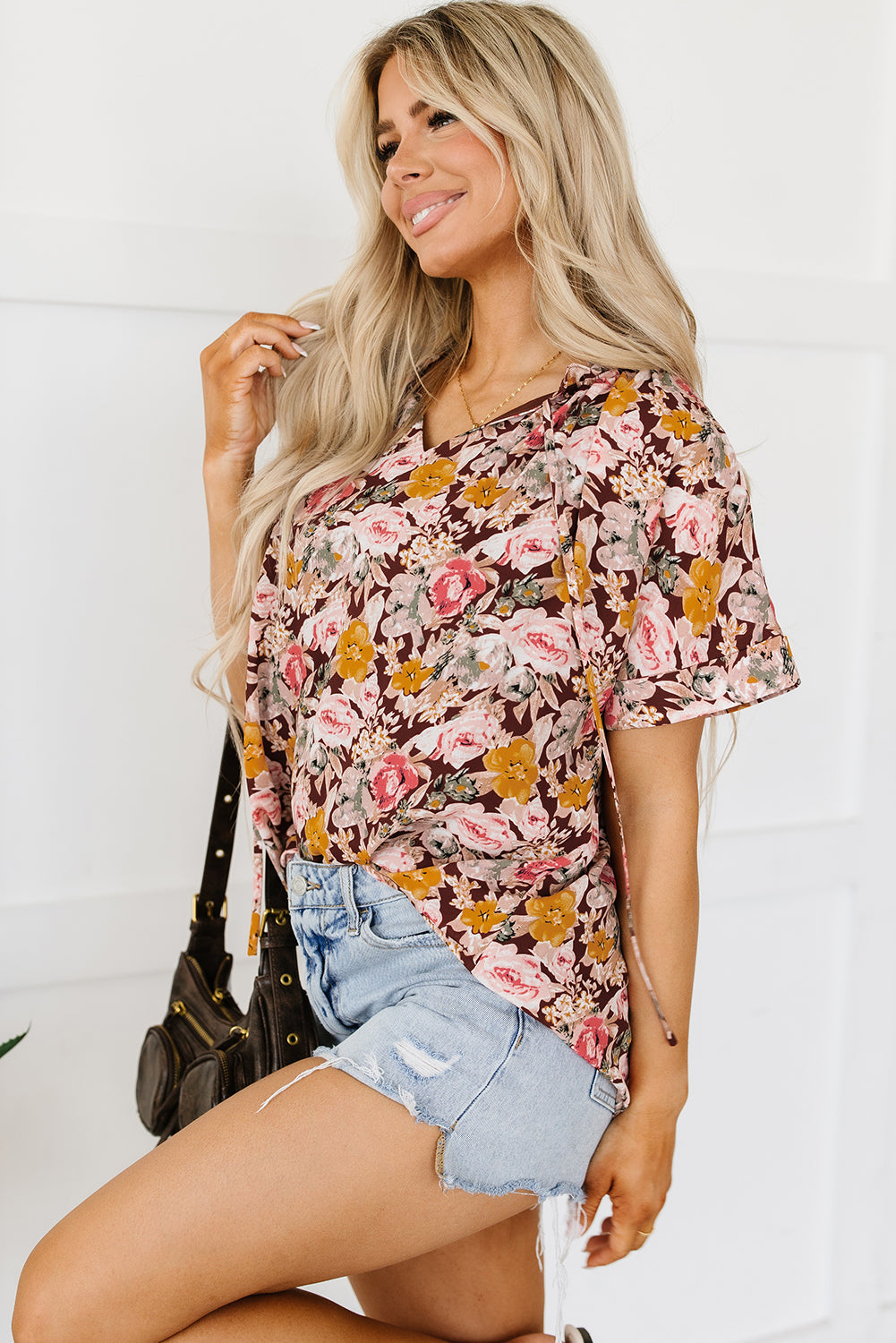 Pink Floral Print Bubble Hem Split Neck Blouse