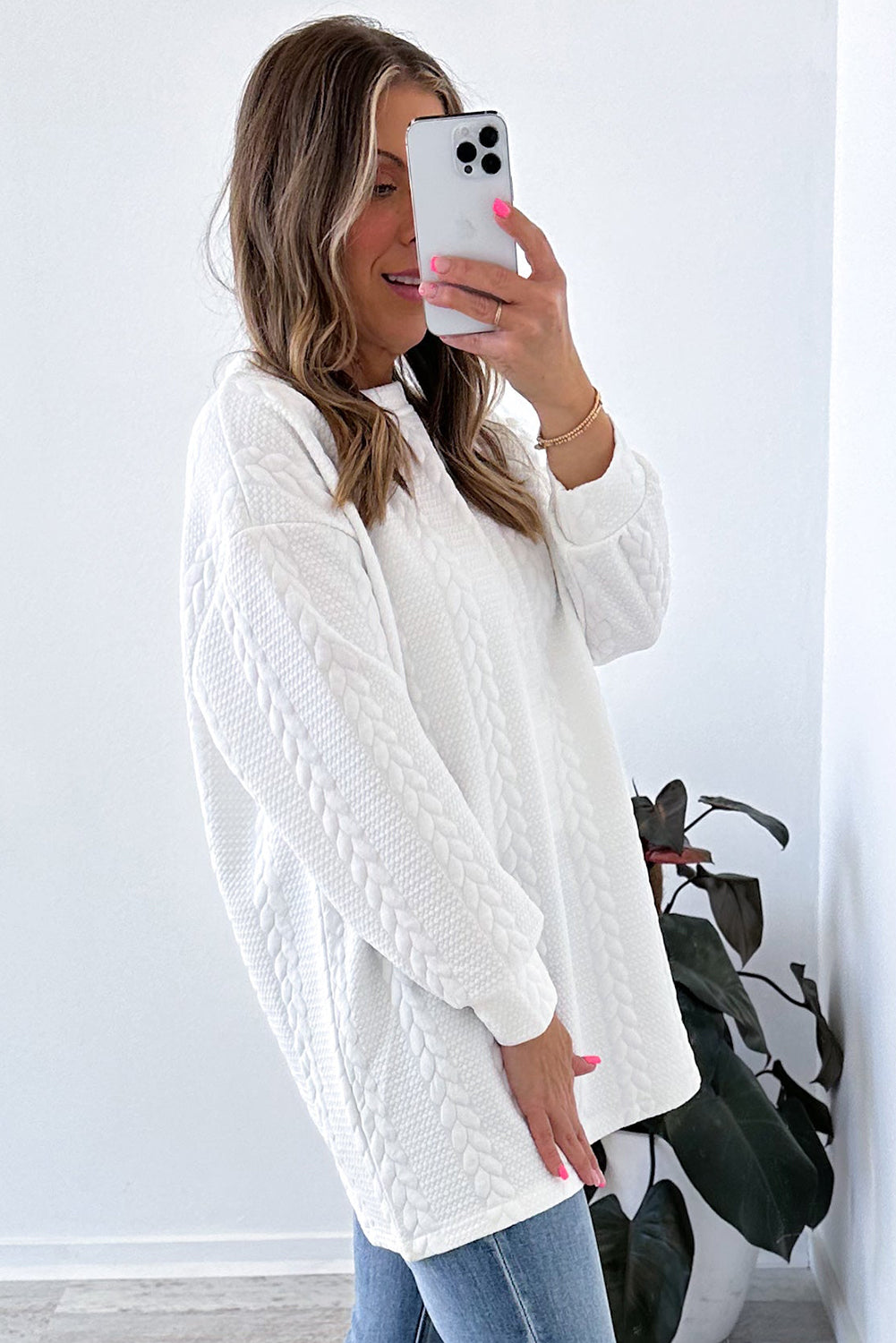 White Cable Textured Long Sleeve Round Neck Top