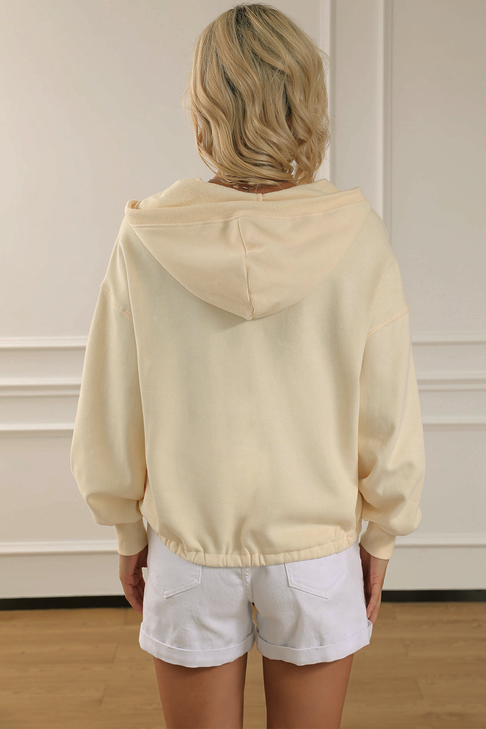 Beige Ribbed Trim Kangaroo Pocket Zipped Hoodie