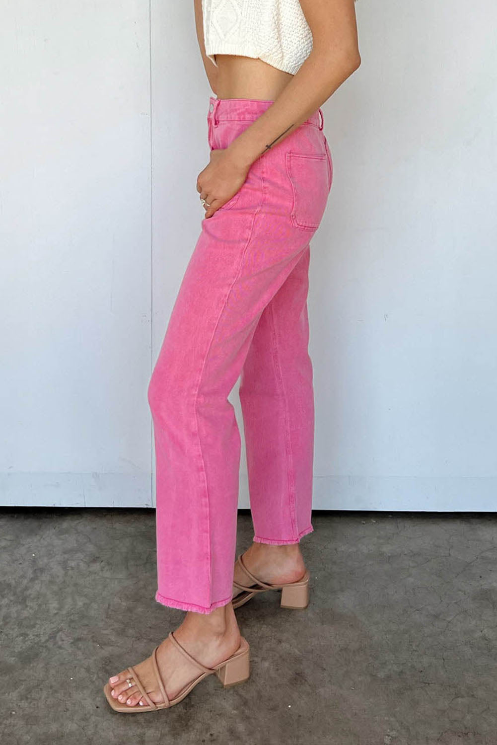 Pink Ankle-length Flare Leg Raw Hem Jeans