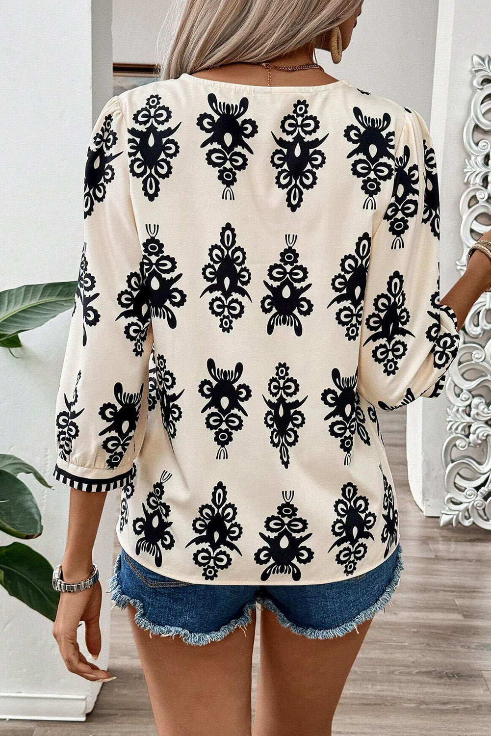 Vintage Geometric 3/4 Sleeve Blouse