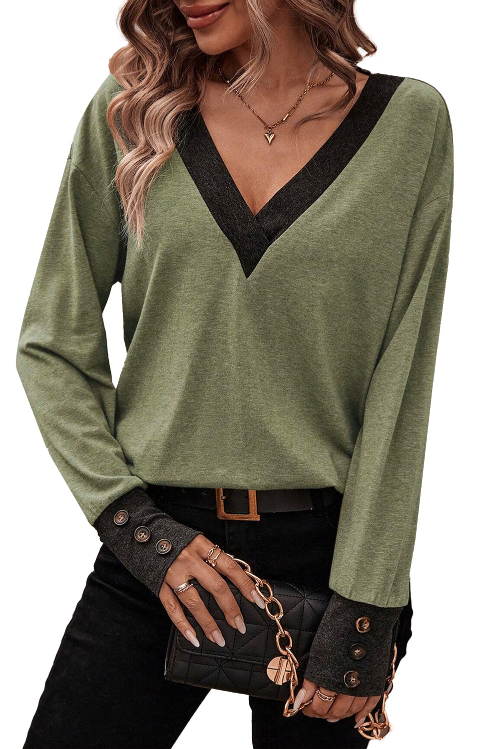 Khaki Contrast V Neck Button Cuffed Long Sleeve Top