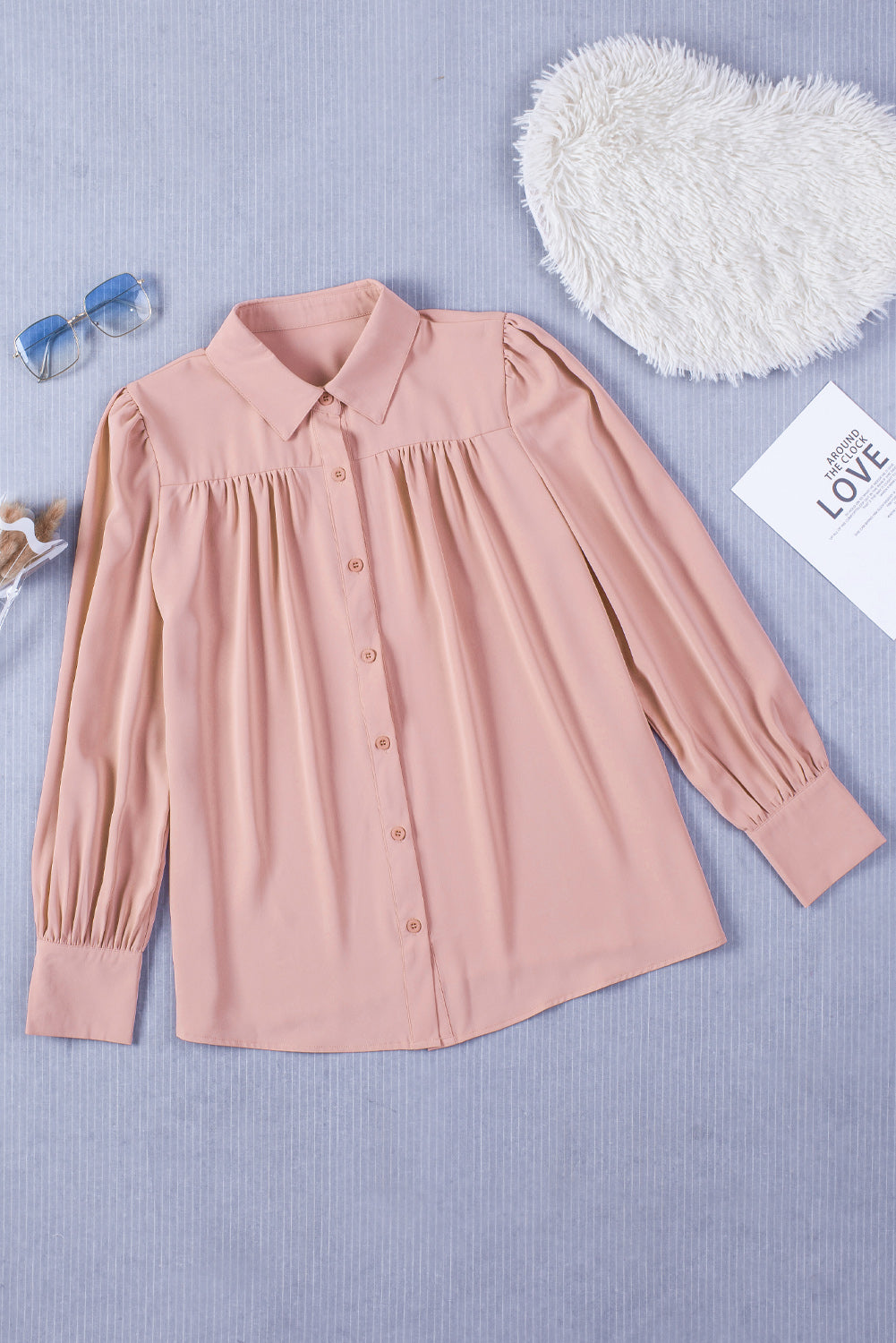 Sky Blue Solid Color Button Up Puff Sleeve Blouse