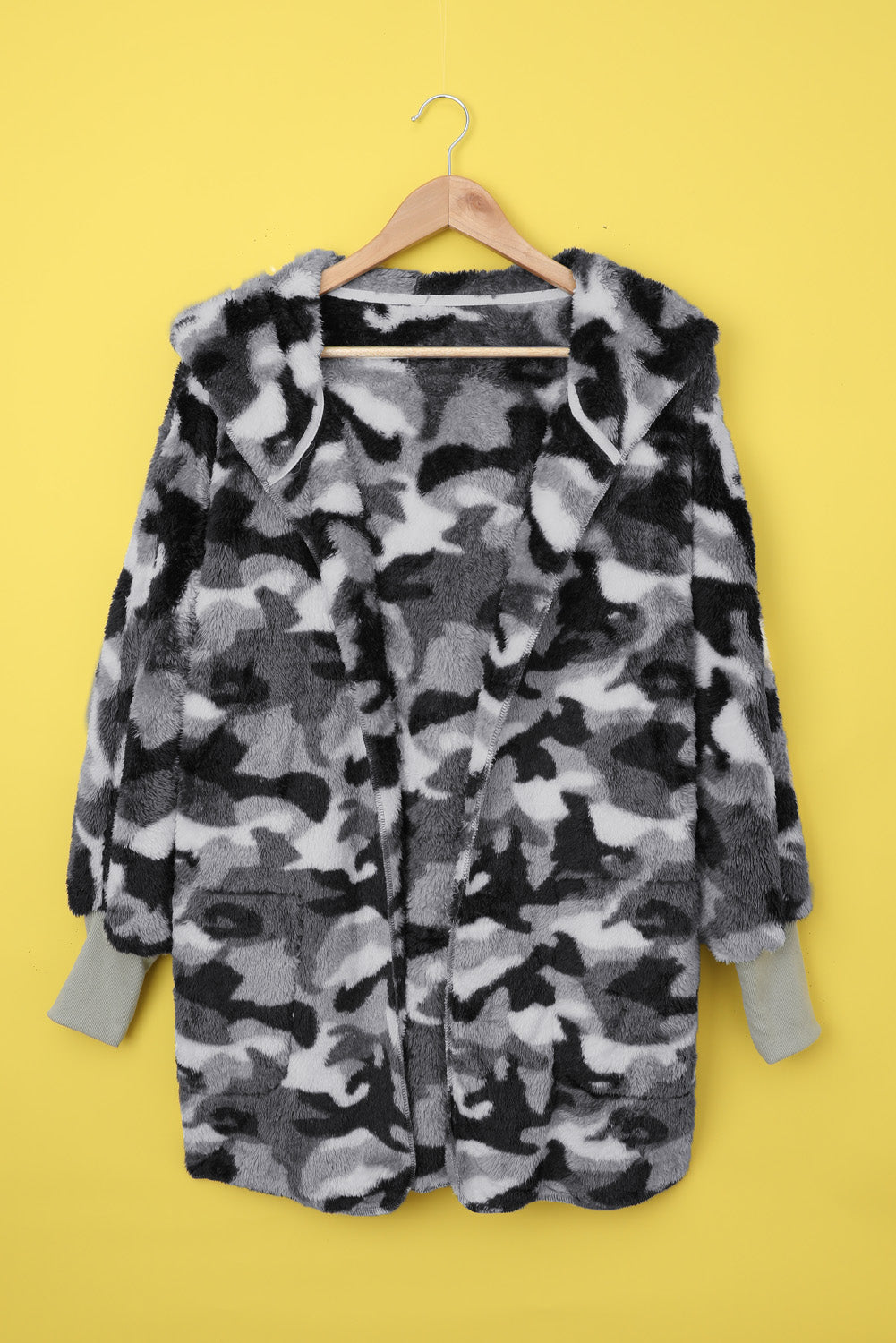 Gray Camo Print Soft Fleece Hooded Open Front Coat