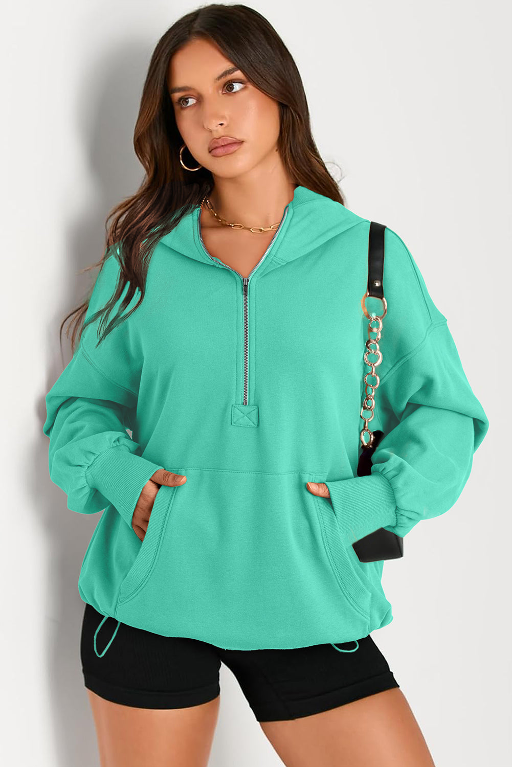 Smoke Green Solid Kangaroo Pocket Half Zipper Oversized Hoodie