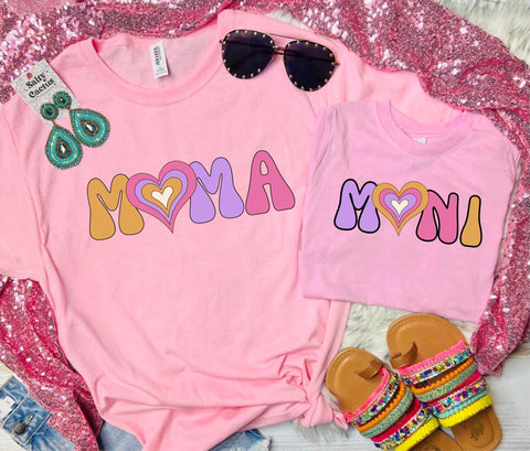 Mama/Mini Heart Groovy Baby Pink Tee