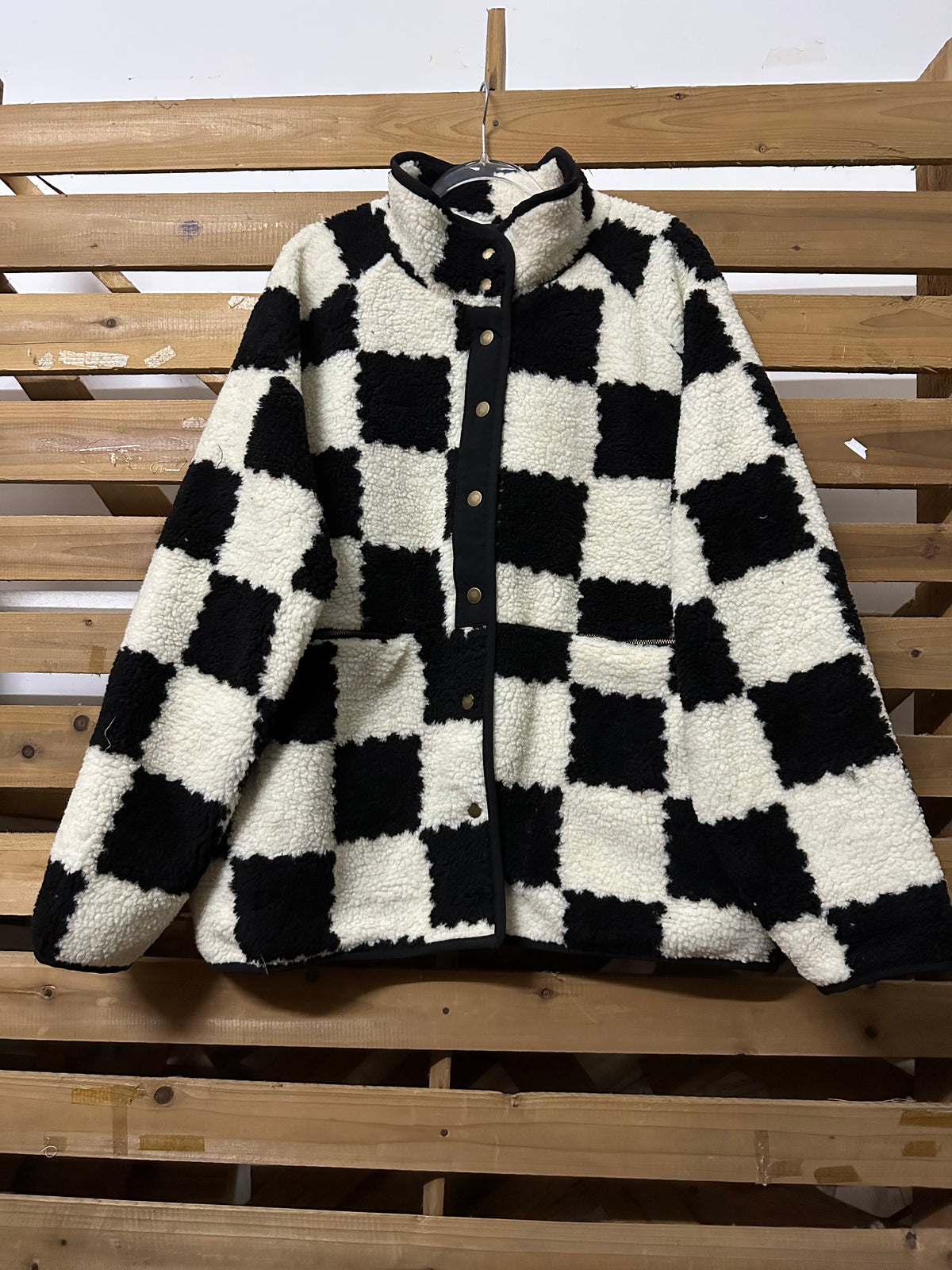 Checked Snap Button Sherpa Jacket