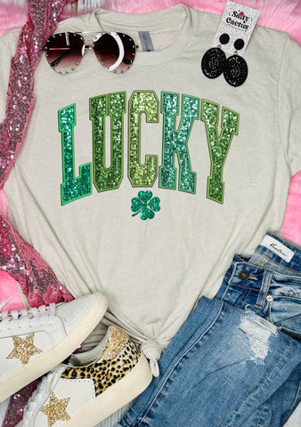 *RTS* Lucky Glitter Clover Arch Tan Tee