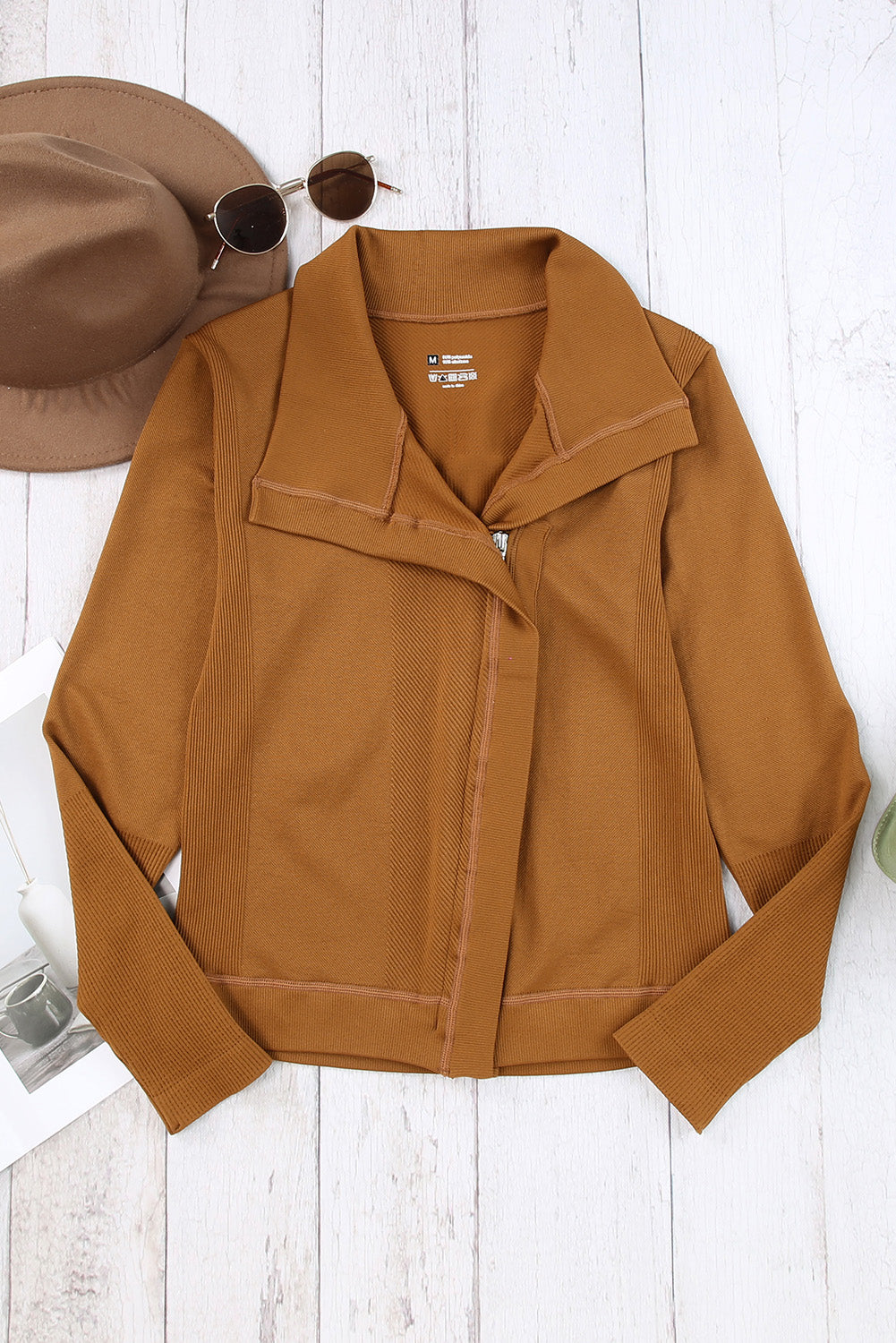 Brown Collared Asymmetric Ribbed Detail Motor Jacket