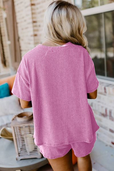 Ribbed Textured Knit Loose Fit Tee and Shorts Set