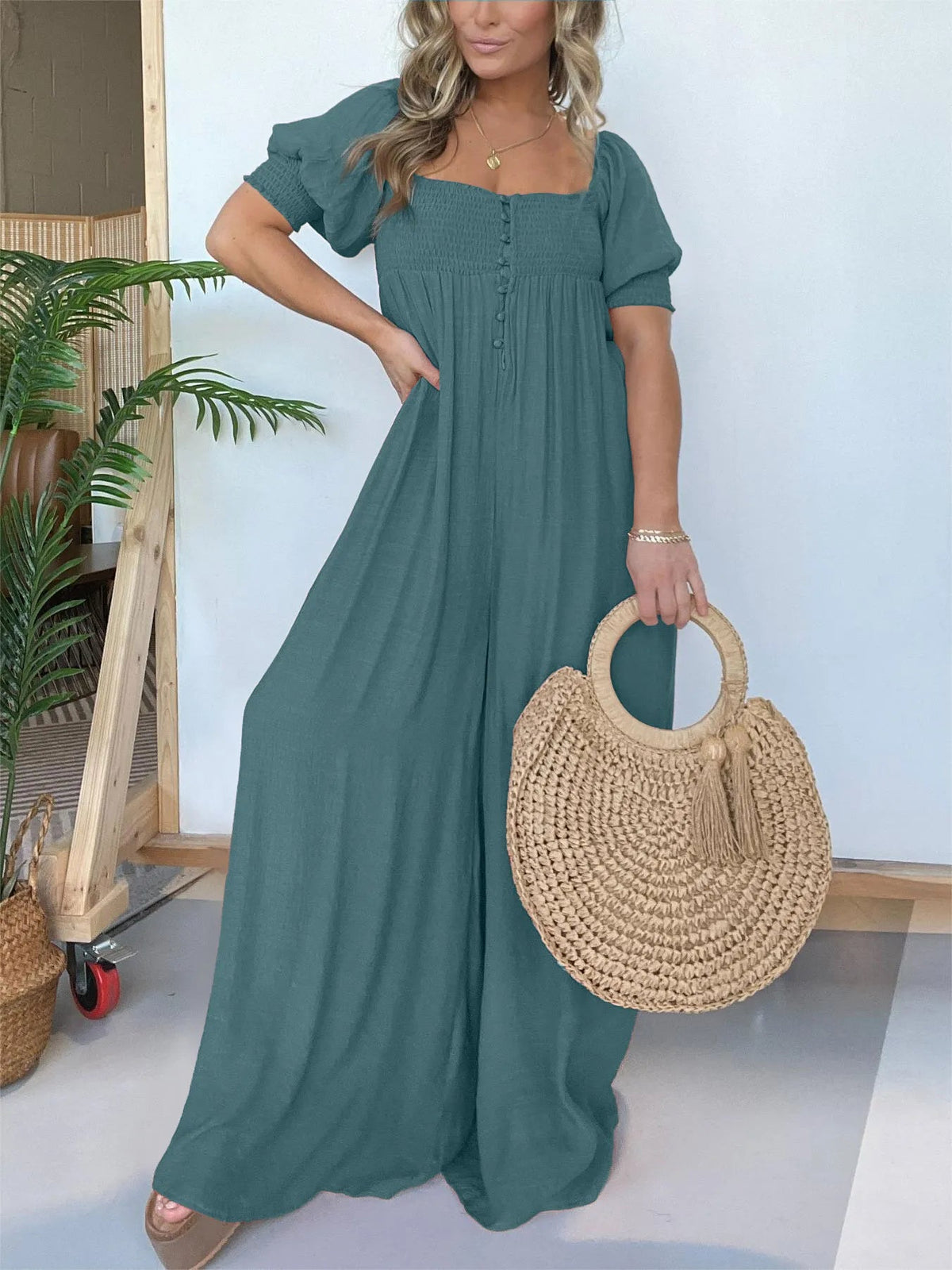 Solid color square neck puff sleeve jumpsuit