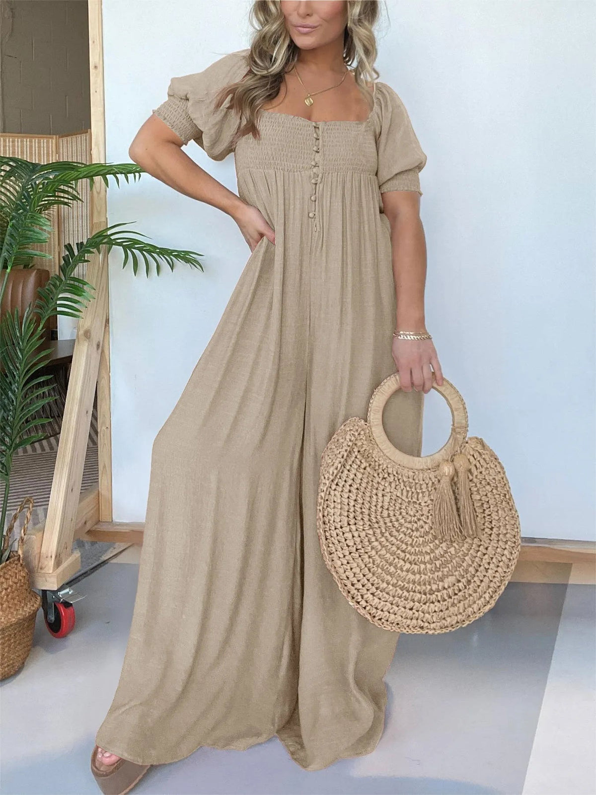 Solid color square neck puff sleeve jumpsuit