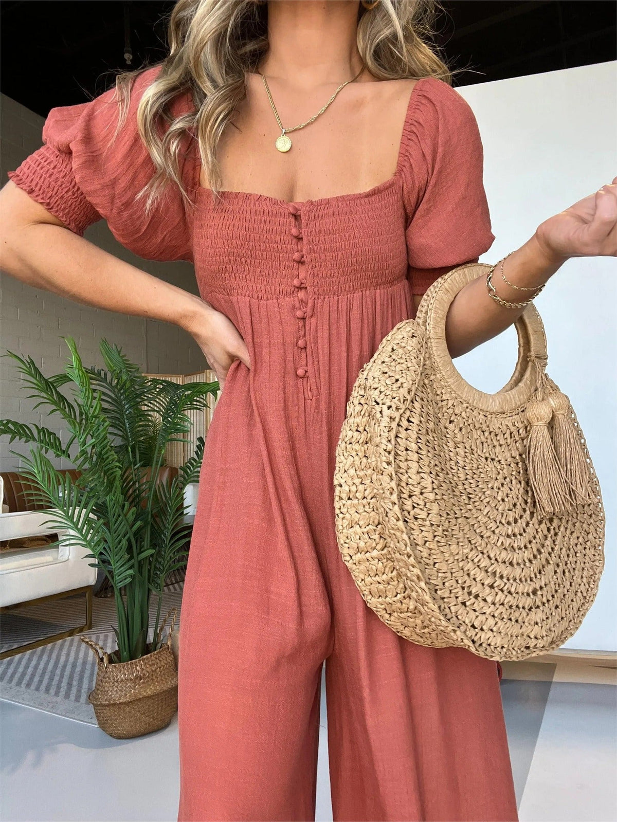 Solid color square neck puff sleeve jumpsuit