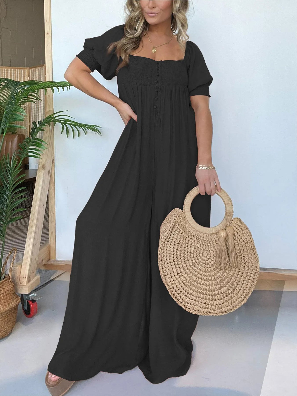 Solid color square neck puff sleeve jumpsuit