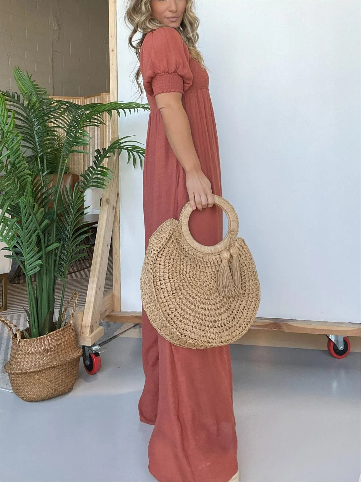 Solid color square neck puff sleeve jumpsuit