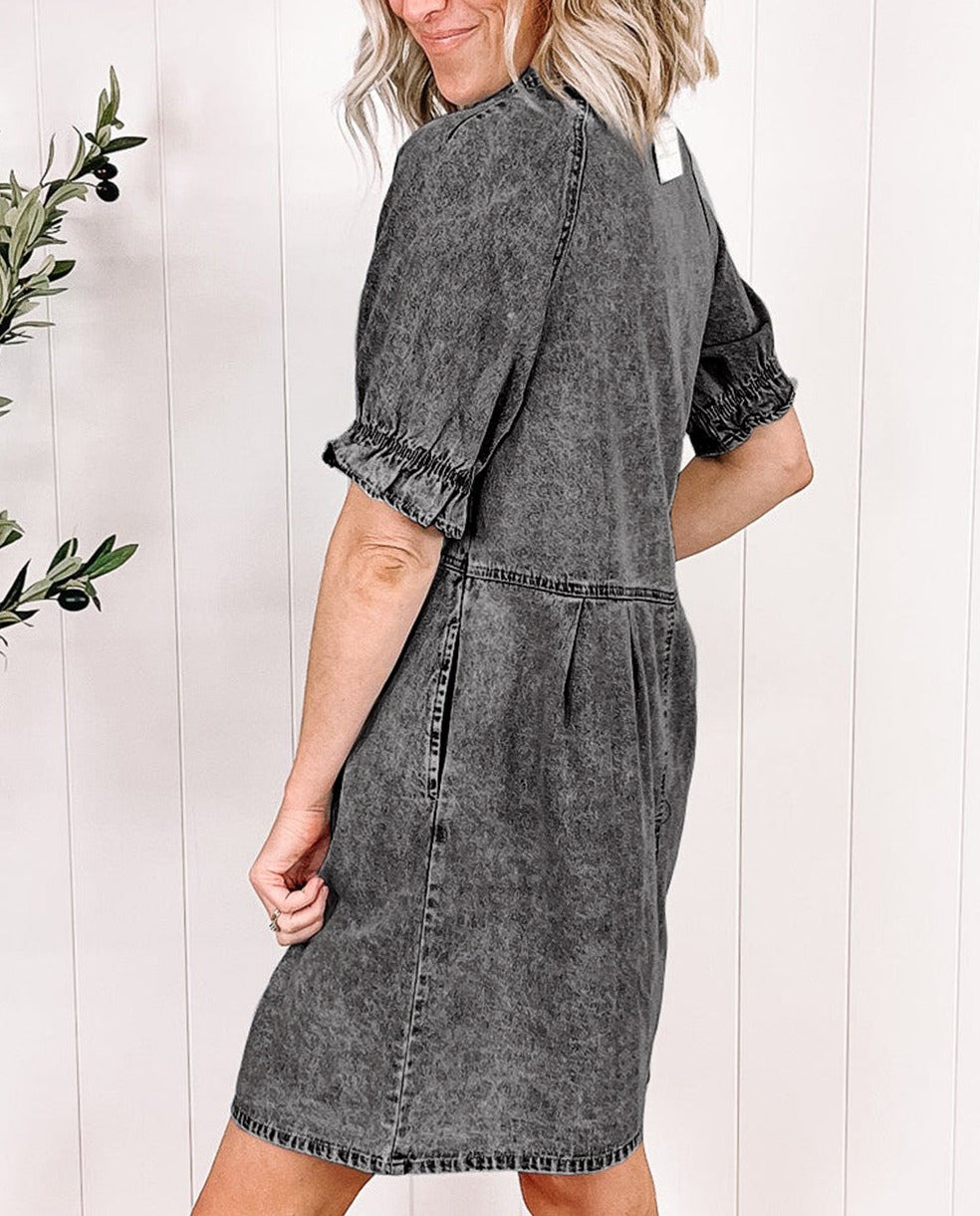 Wash Ruffled Short Sleeve Buttoned Denim Dress