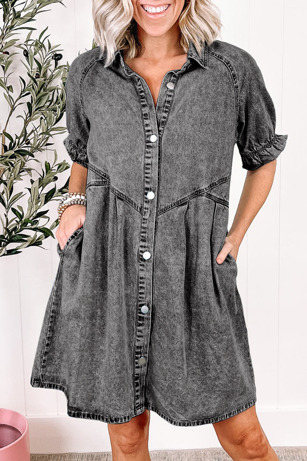 Wash Ruffled Short Sleeve Buttoned Denim Dress