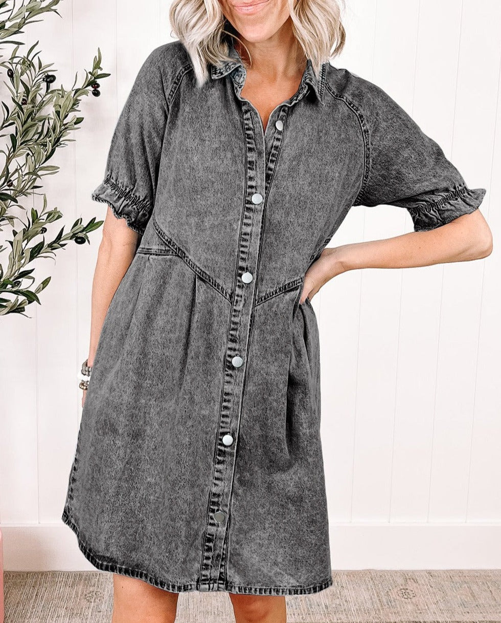 Wash Ruffled Short Sleeve Buttoned Denim Dress