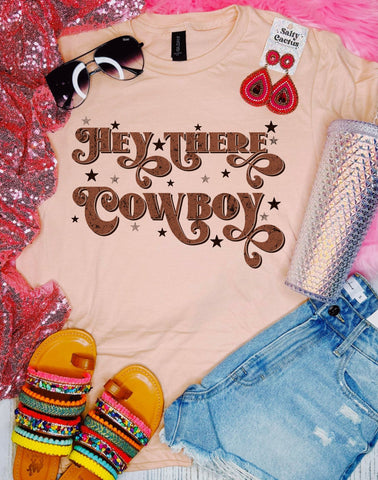 Hey There Cowboy Retro Peach Tee