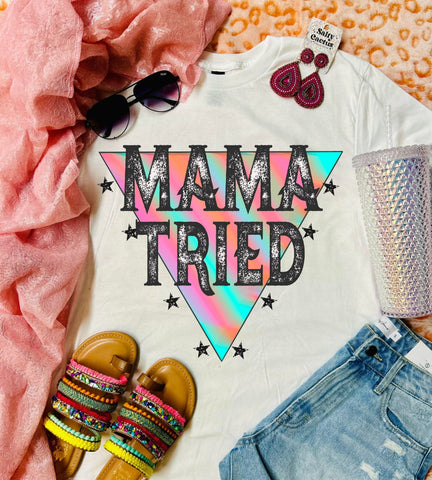 Mama Tried Neon Triangle Stars White Tee