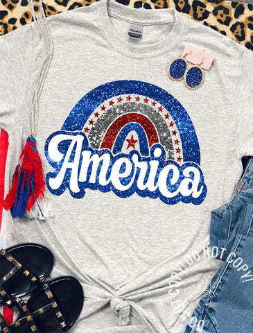 America Glitter Rainbow Grey Tee