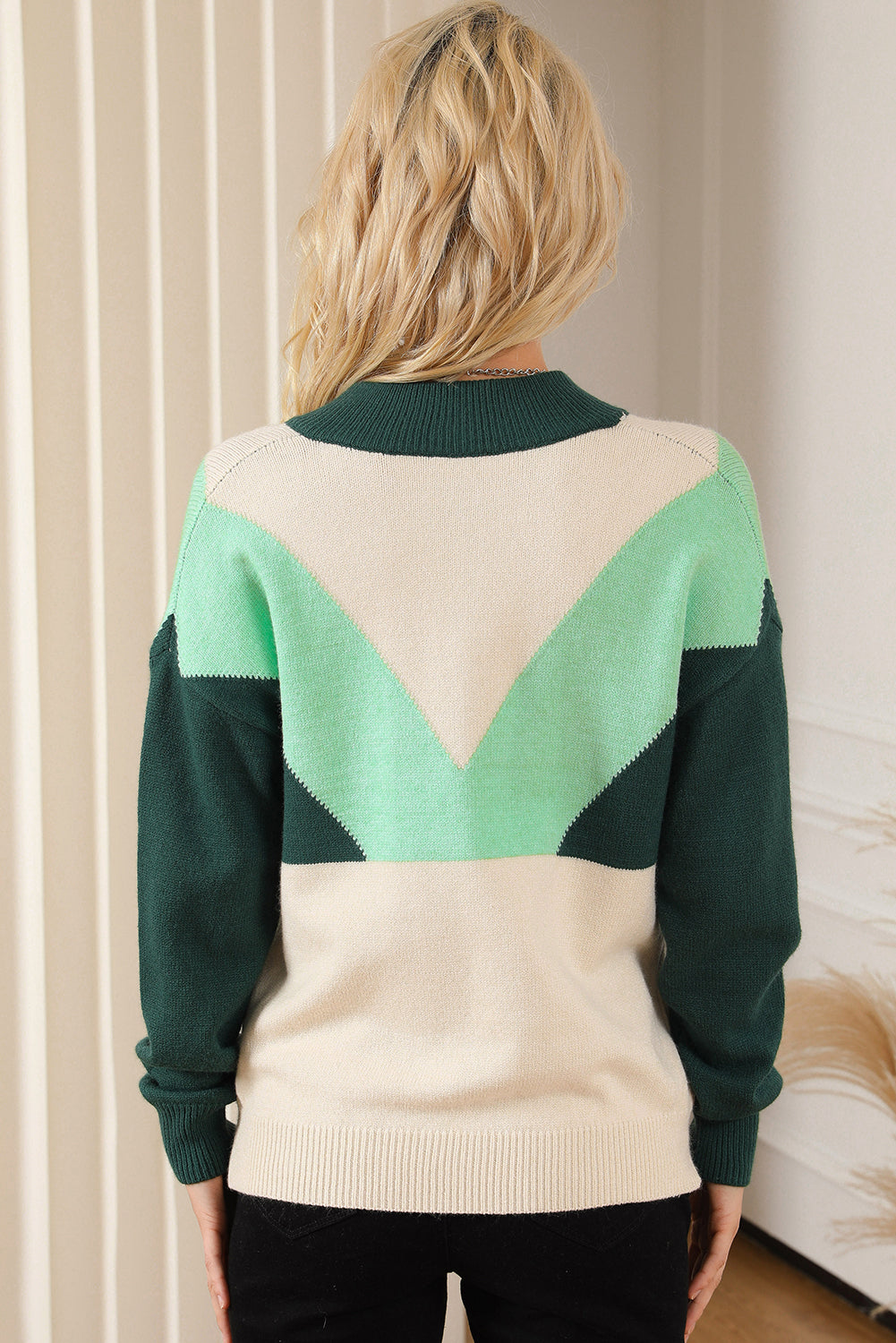 Green Geometric Color Block Knit Button V Neck Sweater