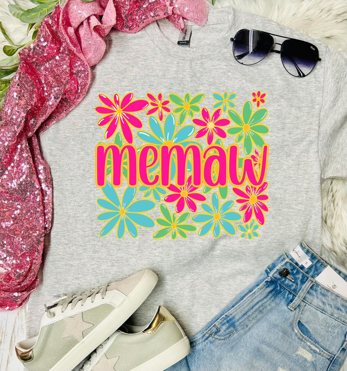 Floral Neon Name Bella Ash Grey Tee