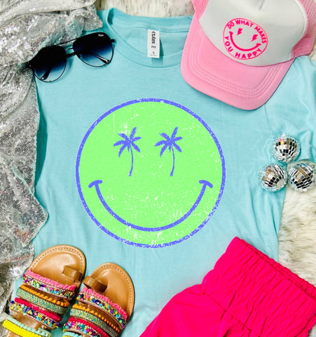 *DTF* Neon Smiley Palm Heather Purist Blue Tee