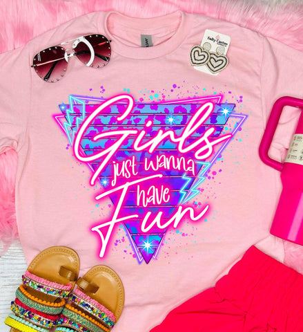 Girls Just Wanna Have Fun Leopard Neon Baby Pink Tee