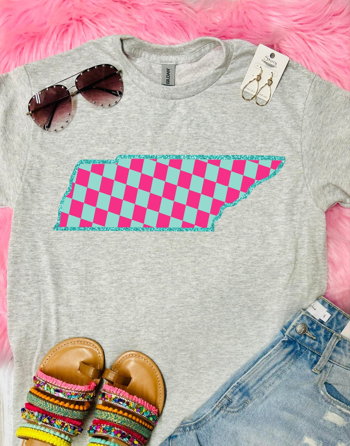 State Neon Glitter Checkered Ash Grey Tee