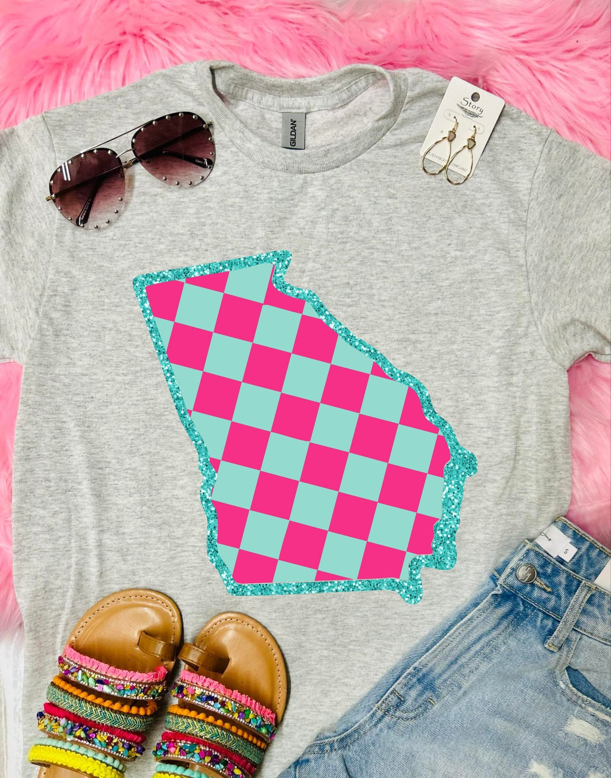 State Neon Glitter Checkered Ash Grey Tee