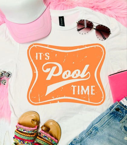 It's Pool Time Neon Orange White Tee