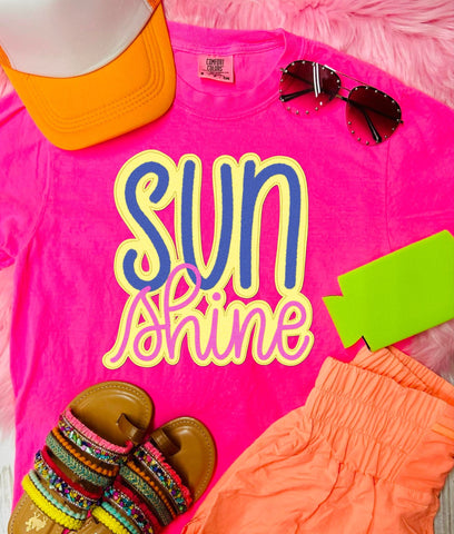 *DTF* Sunshine Faux Patch Neon Pink Comfort Color Tee