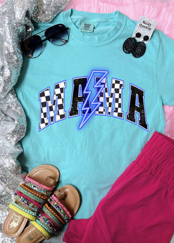 *DTF* Mama Checkered Glitter Bolt Blue Chalky Mint Comfort Color Tee