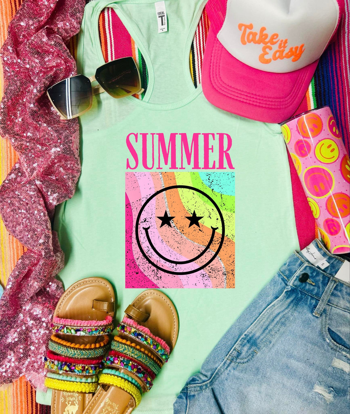 *DTF* Summer Smiley Rocker Neo Mint Tee/Tank