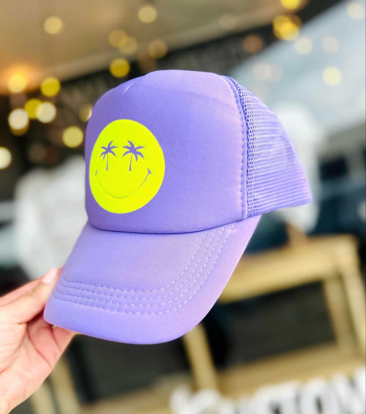 *TRUCKER HAT PUFF* Palm Smiley Neon Yellow Puff