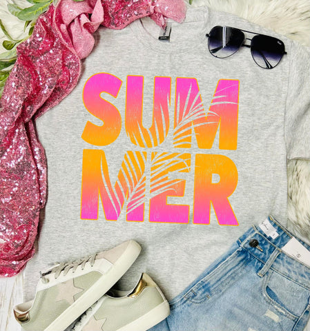 Neon Summer Palm Trees Ash Grey Tee