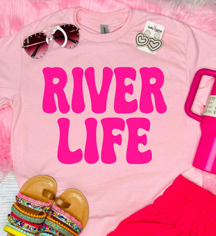 River Life Pink Design on Baby Pink Tee