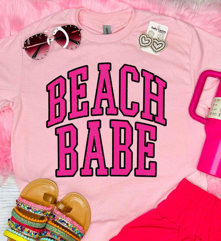 Beach Babe Neon Pink and Black Design On Baby Pink Tee