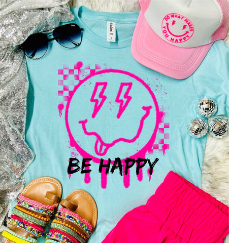 Be Happy Neon Pink Smiley Heather Purist Tee