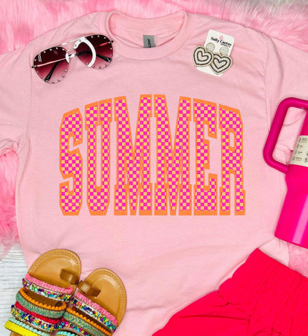 Summer Baby Pink and Orange Checkered On Baby Pink Tee