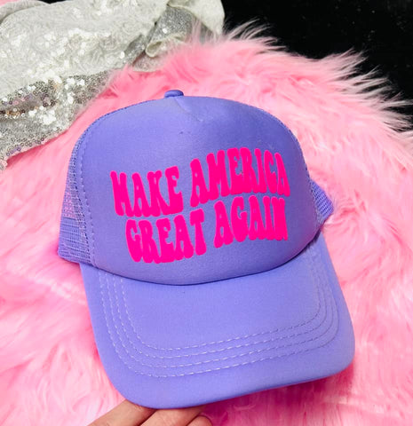 *TRUCKER HAT PUFF* Make America Great Again Violet Trucker Hat