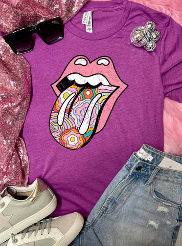 *DTF* Retro Colorful Tongue Heather Magenta Tee