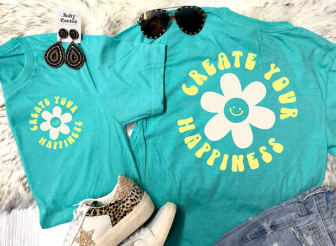 *DTF* Yellow Create Your Happiness Seafoam Front Pocket & Big On Back Tee