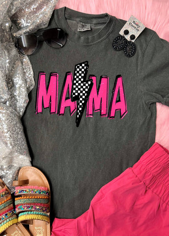 *DTF* Mama Neon Pink Checkered Bolt Pepper Comfort Color