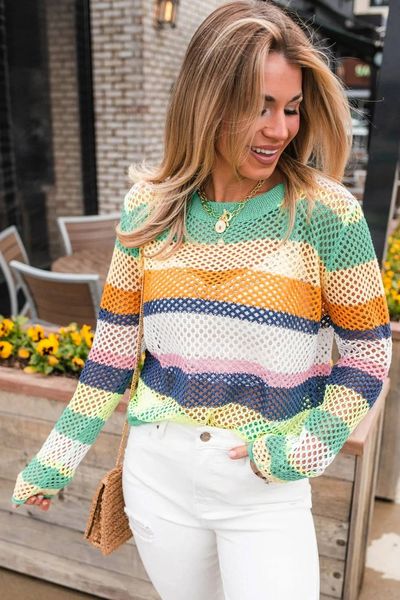 Colorblock Striped Hollow Knitted Top