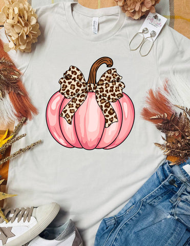 Pink Leopard Bow Pumpkin Tan Tee