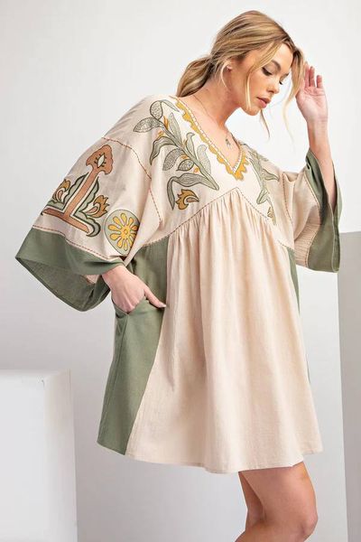 Boho Embroidered Linen Dress