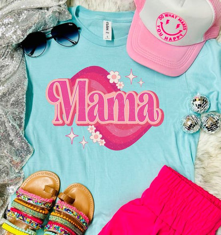 *DTF* Mama Retro Flower Star Heather Purist Blue Tee